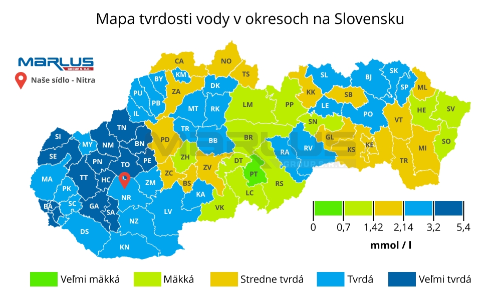 Mapa tvrdosti vody Slovensko - tvrdosť v okresoch